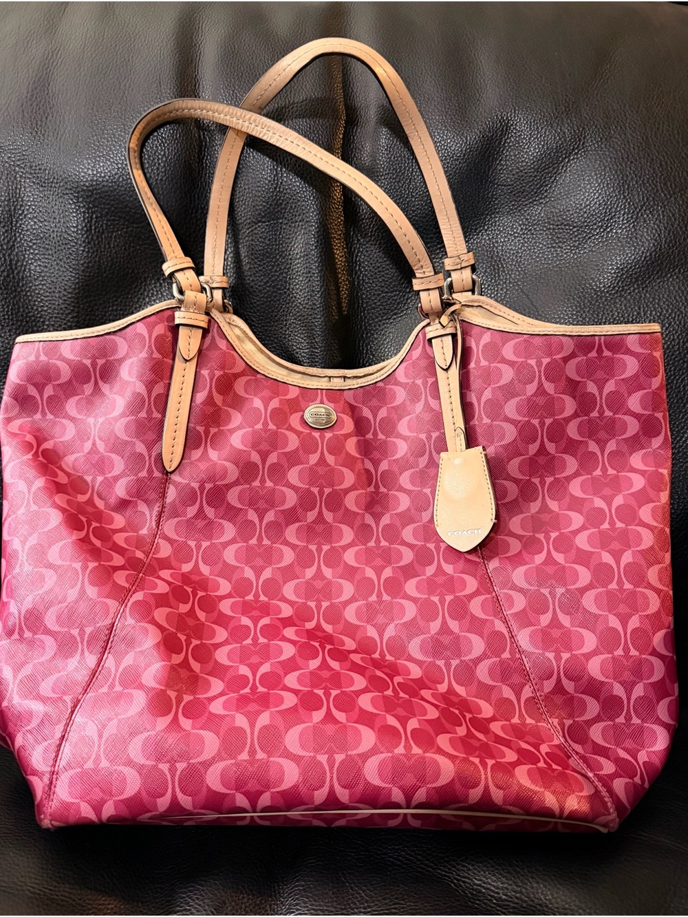 Coach Pink Signature Tote Bag with Tan Leather Trim 18"W 13"H Good Cond.